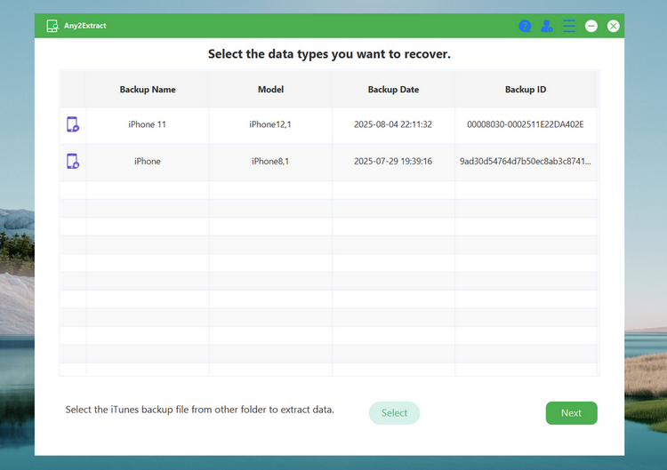 Backup-Dateien auswählen